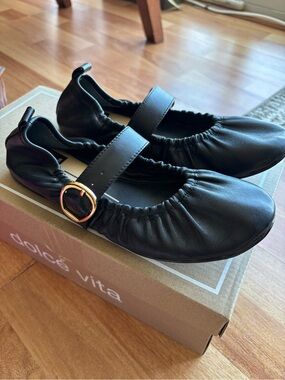 Dolce Vita Caely Black Mary Jane Ballet Flats with Gold Buckle